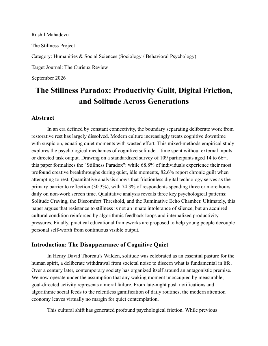First page of The Stillness Paradox, the Curieux paper by Rushil Mahadevu